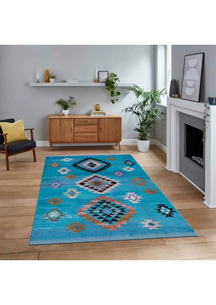 Dijital Baskılı Kaymaz Taban Yıkanabilir Etnik Desen Yolluk Salon Halısı, V-Etnik-01-Mavi,