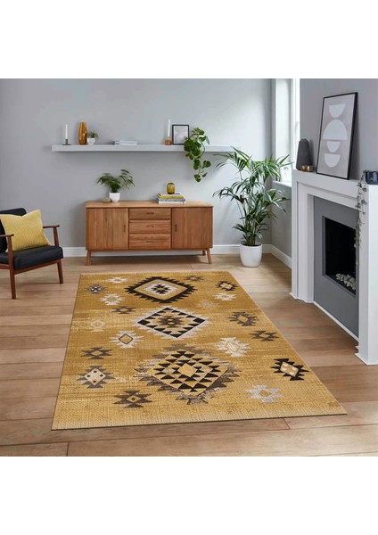 Dijital Baskılı Kaymaz Taban Yıkanabilir Etnik Desen Yolluk Salon Halısı, V-Etnik-01-Kahve,