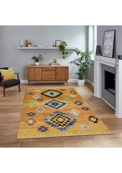 Dijital Baskılı Kaymaz Taban Yıkanabilir Etnik Desen Yolluk Salon Halısı, V-Etnik-01-Turuncu,