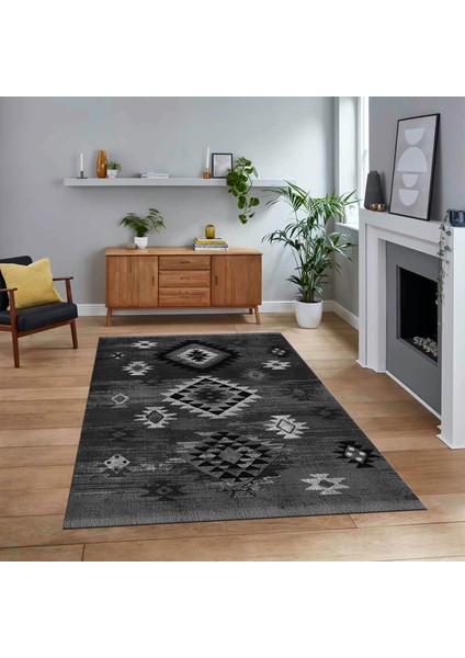 Dijital Baskılı Kaymaz Taban Yıkanabilir Etnik Desen Yolluk Salon Halısı, V-Etnik-01-Gri,