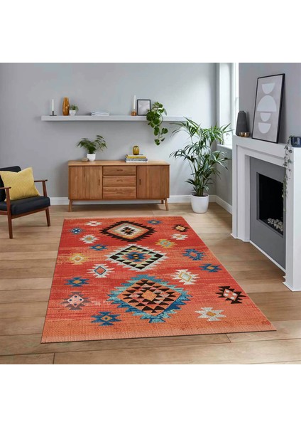 Dijital Baskılı Kaymaz Taban Yıkanabilir Etnik Desen Yolluk Salon Halısı, V-Etnik-01-Kırmızı,