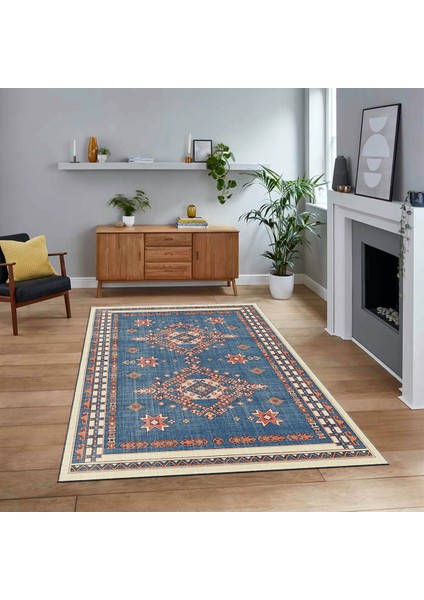 Dijital Baskılı Kaymaz Taban Yıkanabilir Etnik Desen Yolluk Salon Halısı, V-Etnik-03-Mavi,