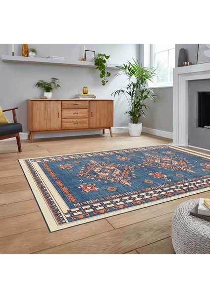 Dijital Baskılı Kaymaz Taban Yıkanabilir Etnik Desen Yolluk Salon Halısı, V-Etnik-03-Mavi, fiyatları