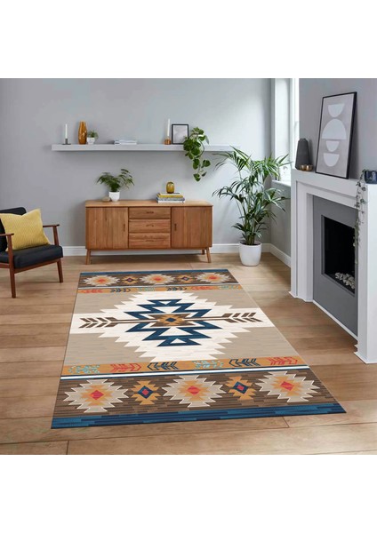 Dijital Baskılı Kaymaz Taban Yıkanabilir Etnik Desen Yolluk Salon Halısı, V-Etnik-05-Renkli,