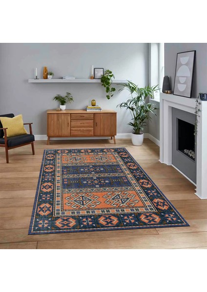 Dijital Baskılı Kaymaz Taban Yıkanabilir Etnik Desen Yolluk Salon Halısı, V-Etnik-11-Lacivert,
