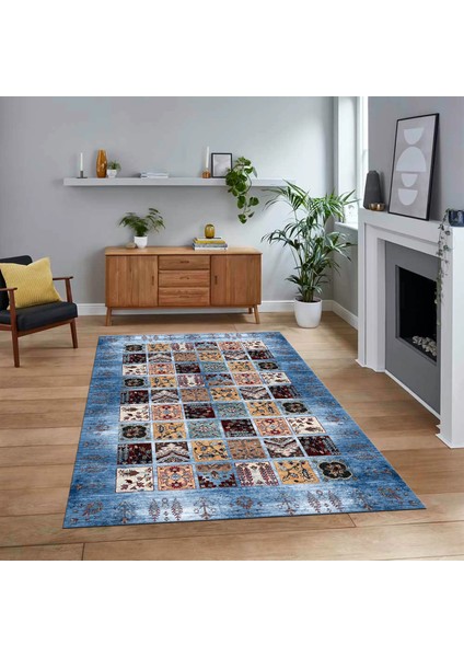 Dijital Baskılı Kaymaz Taban Yıkanabilir Etnik Desen Yolluk Salon Halısı, V-Etnik-18-Mavi,