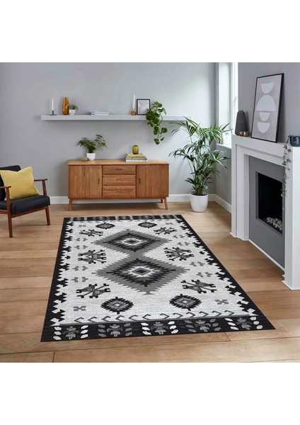 Dijital Baskılı Kaymaz Taban Yıkanabilir Etnik Desen Yolluk Salon Halısı, V-Etnik-02-Gri,