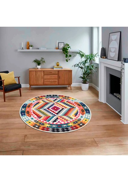 Dijital Kaymaz Taban Yıkanabilir Yuvarlak Etnik Desen Mutfak Salon Halısı, V-Y-Etnik-09-Renkli,