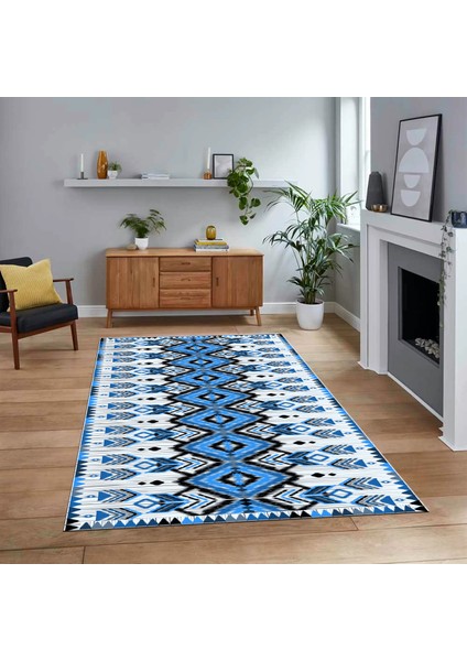 Dijital Baskılı Kaymaz Taban Yıkanabilir Etnik Desen Yolluk Salon Halısı, V-Etnik-06-Mavi,