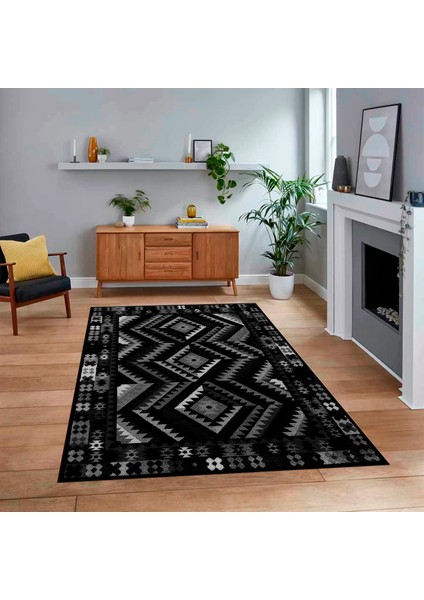Dijital Baskılı Kaymaz Taban Yıkanabilir Etnik Desen Yolluk Salon Halısı, V-Etnik-09-Antrasit,