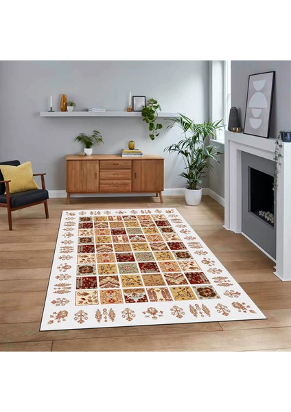 Dijital Baskılı Kaymaz Taban Yıkanabilir Etnik Desen Yolluk Salon Halısı, V-Etnik-18-Beyaz,