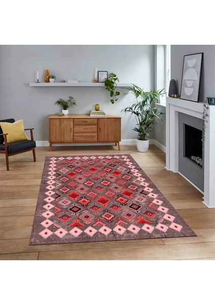 Dijital Baskılı Kaymaz Taban Yıkanabilir Etnik Desen Yolluk Salon Halısı, V-Etnik-19-Kırmızı,