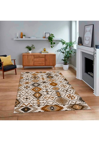 Dijital Baskılı Kaymaz Taban Yıkanabilir Etnik Desen Yolluk Salon Halısı, V-Etnik-12-Kahve,