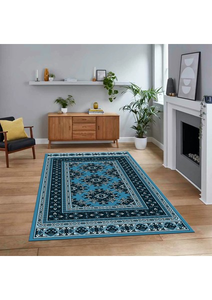 Dijital Baskılı Kaymaz Taban Yıkanabilir Etnik Desen Yolluk Salon Halısı, V-Etnik-04-Mavi,