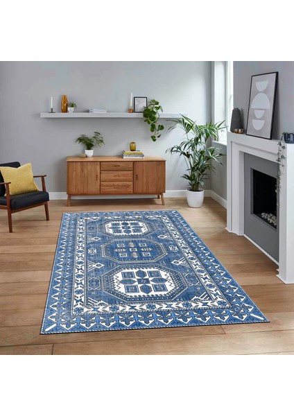 Dijital Baskılı Kaymaz Taban Yıkanabilir Etnik Desen Yolluk Salon Halısı, V-Etnik-14-Mavi,