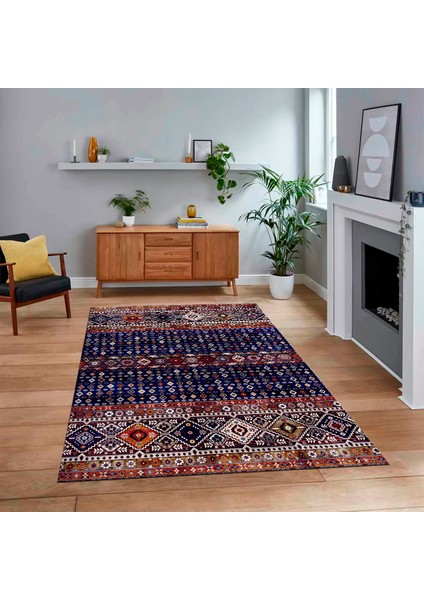 Dijital Baskılı Kaymaz Taban Yıkanabilir Etnik Desen Yolluk Salon Halısı, V-Etnik-17-Lacivert,