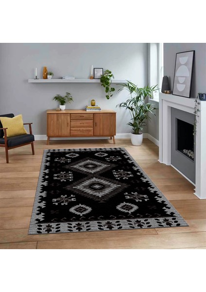 Dijital Baskılı Kaymaz Taban Yıkanabilir Etnik Desen Yolluk Salon Halısı, V-Etnik-02-Antrasit,