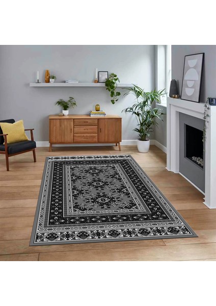Dijital Baskılı Kaymaz Taban Yıkanabilir Etnik Desen Yolluk Salon Halısı, V-Etnik-04-Gri,