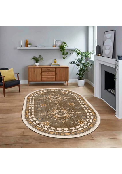 Dijital Baskılı Kaymaz Taban Yıkanabilir Oval Etnik Desen Yolluk Salon Halısı, V-O-Etnik-03-Kahve,