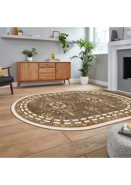Dijital Baskılı Kaymaz Taban Yıkanabilir Oval Etnik Desen Yolluk Salon Halısı, V-O-Etnik-03-Kahve, fiyatları