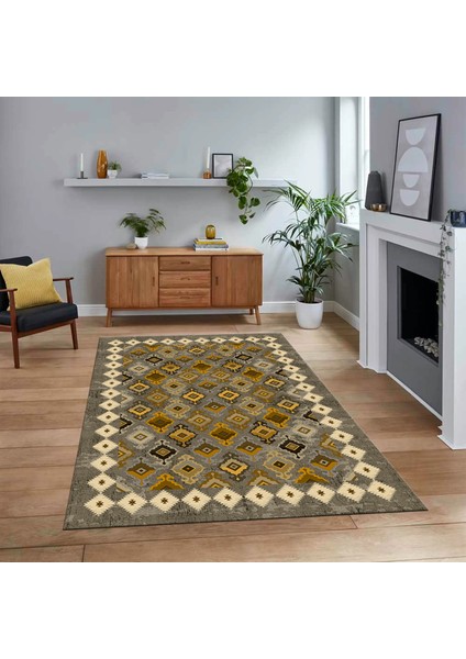 Dijital Baskılı Kaymaz Taban Yıkanabilir Etnik Desen Yolluk Salon Halısı, V-Etnik-19-Sarı,