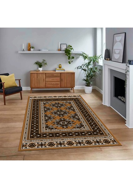 Dijital Baskılı Kaymaz Taban Yıkanabilir Etnik Desen Yolluk Salon Halısı, V-Etnik-04-Kahve,