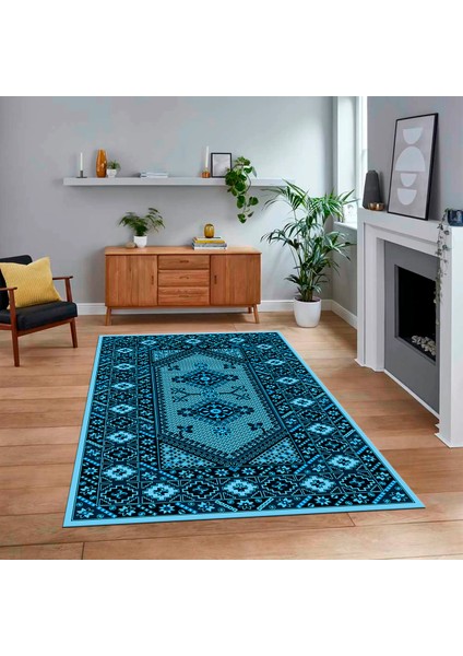 Dijital Baskılı Kaymaz Taban Yıkanabilir Etnik Desen Yolluk Salon Halısı, V-Etnik-08-Mavi,