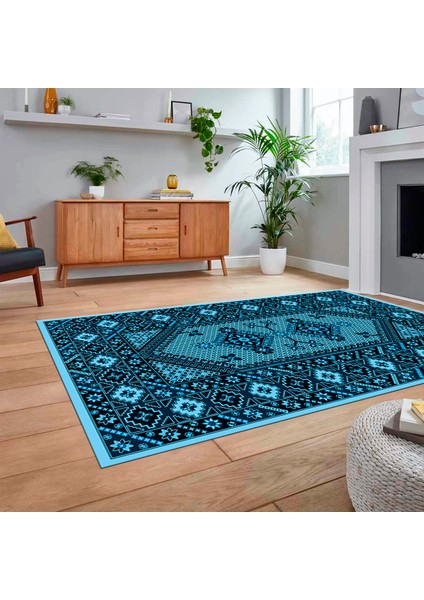 Dijital Baskılı Kaymaz Taban Yıkanabilir Etnik Desen Yolluk Salon Halısı, V-Etnik-08-Mavi, fiyatları