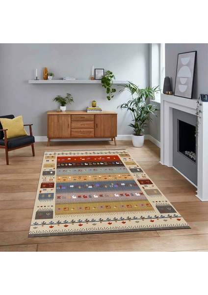 Dijital Baskılı Kaymaz Taban Yıkanabilir Etnik Desen Yolluk Salon Halısı, V-Etnik-15-Renkli,
