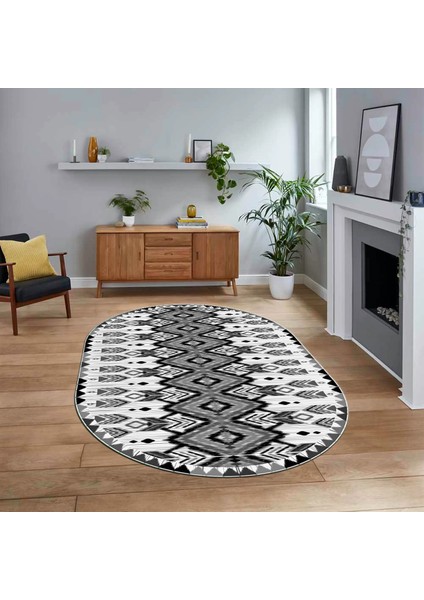 Dijital Baskılı Kaymaz Taban Yıkanabilir Oval Etnik Desen Yolluk Salon Halısı, V-O-Etnik-06-Gri,