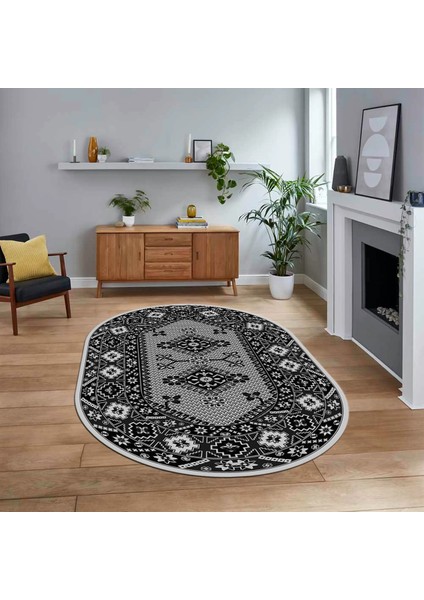 Dijital Baskılı Kaymaz Taban Yıkanabilir Oval Etnik Desen Yolluk Salon Halısı, V-O-Etnik-08-Antrast,