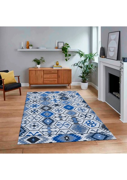 Dijital Baskılı Kaymaz Taban Yıkanabilir Etnik Desen Yolluk Salon Halısı, V-Etnik-12-Mavi,