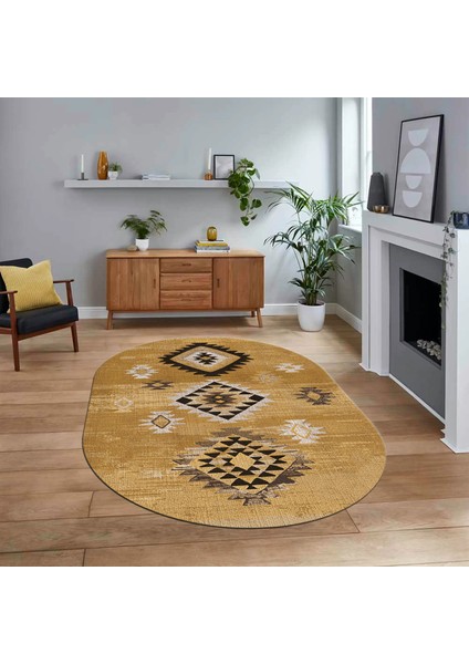 Dijital Baskılı Kaymaz Taban Yıkanabilir Oval Etnik Desen Yolluk Salon Halısı, V-O-Etnik-01-Kahve,