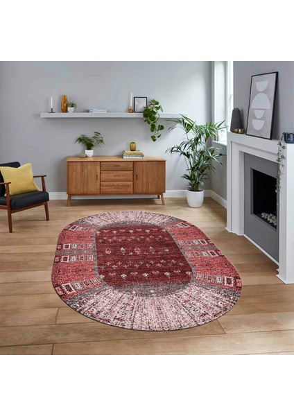 Dijital Baskılı Kaymaz Taban Yıkanabilir Oval Etnik Desen Yolluk Salon Halısı, V-O-Etnik-16-Bordo,