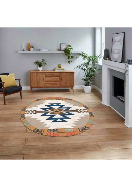 Dijital Kaymaz Taban Yıkanabilir Yuvarlak Etnik Desen Mutfak Salon Halısı, V-Y-Etnik-05-Renkli,