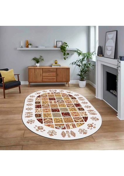 Dijital Baskılı Kaymaz Taban Yıkanabilir Oval Etnik Desen Yolluk Salon Halısı, V-O-Etnik-18-Beyaz,