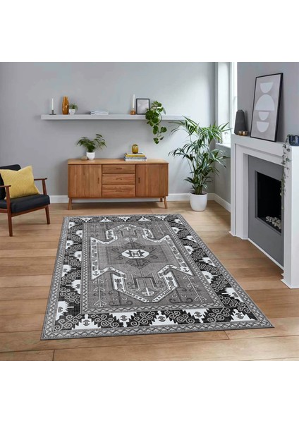 Dijital Baskılı Kaymaz Taban Yıkanabilir Etnik Desen Yolluk Salon Halısı, V-Etnik-10-Gri,