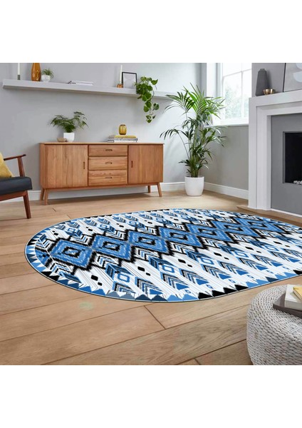 Dijital Baskılı Kaymaz Taban Yıkanabilir Oval Etnik Desen Yolluk Salon Halısı, V-O-Etnik-06-Mavi, fiyatları