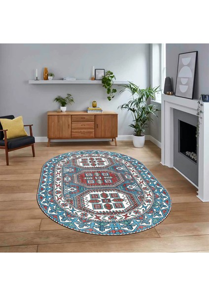 Dijital Baskılı Kaymaz Taban Yıkanabilir Oval Etnik Desen Yolluk Salon Halısı, V-O-Etnik-14-Renkli,