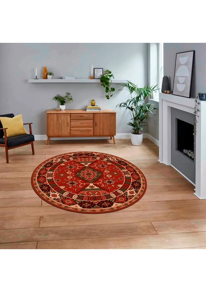 Dijital Kaymaz Taban Yıkanabilir Yuvarlak Etnik Desen Mutfak Salon Halısı, V-Y-Etnik-07-Kırmızı,