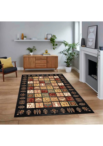 Dijital Baskılı Kaymaz Taban Yıkanabilir Etnik Desen Yolluk Salon Halısı, V-Etnik-18-Antrasit,
