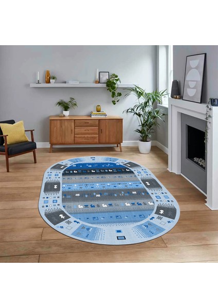 Dijital Baskılı Kaymaz Taban Yıkanabilir Oval Etnik Desen Yolluk Salon Halısı, V-O-Etnik-15-Mavi,