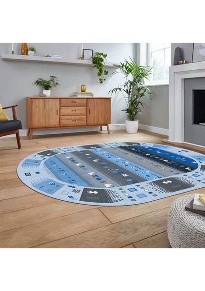 Dijital Baskılı Kaymaz Taban Yıkanabilir Oval Etnik Desen Yolluk Salon Halısı, V-O-Etnik-15-Mavi, fiyatları