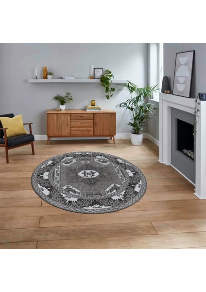 Dijital Kaymaz Taban Yıkanabilir Yuvarlak Etnik Desen Mutfak Salon Halısı, V-Y-Etnik-10-Gri,