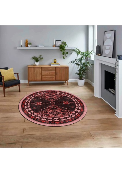 Dijital Kaymaz Taban Yıkanabilir Yuvarlak Etnik Desen Mutfak Salon Halısı, V-Y-Etnik-03-Pembe,