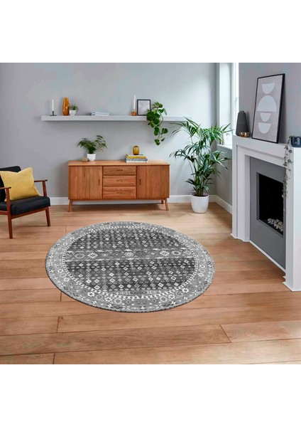 Dijital Kaymaz Taban Yıkanabilir Yuvarlak Etnik Desen Mutfak Salon Halısı, V-Y-Etnik-17-Gri,