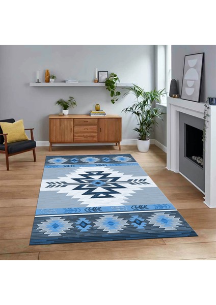 Dijital Baskılı Kaymaz Taban Yıkanabilir Etnik Desen Yolluk Salon Halısı, V-Etnik-05-Mavi,