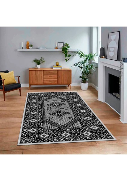 Dijital Baskılı Kaymaz Taban Yıkanabilir Etnik Desen Yolluk Salon Halısı, V-Etnik-08-Antrasit,