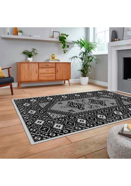 Dijital Baskılı Kaymaz Taban Yıkanabilir Etnik Desen Yolluk Salon Halısı, V-Etnik-08-Antrasit,
