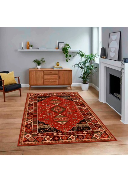 Dijital Baskılı Kaymaz Taban Yıkanabilir Etnik Desen Yolluk Salon Halısı, V-Etnik-07-Kırmızı,